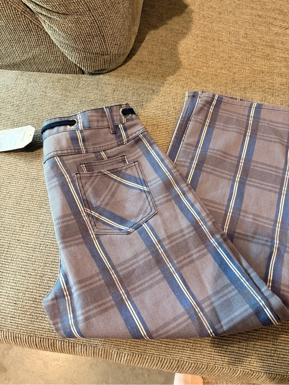 Plaid Wide-Leg Women's Jeans Deep Pockets Slate Blue with Navy Rope Waist Tie 12